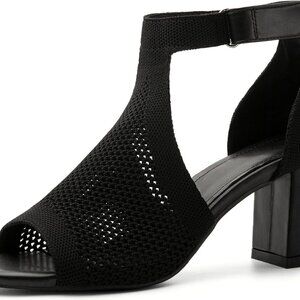 Women's Knit Ankle Strap Sandals Open Toe Block Heel Summer Heels
